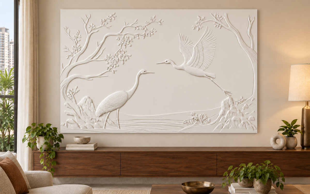 CWP-646 Crane Blossom Waters Corian Wall Panel, 4 ft wide x 2.5 ft high, front view in a Mumbai living room; AI-assisted concept visualisation