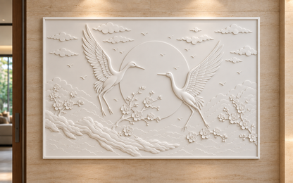 Cranes Across the Celestial Disc Corian wall panel, 4 x 2.5 ft, front view in entrance foyer, 12–24 mm total depth