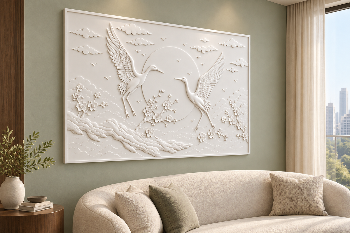 Cranes Across the Celestial Disc Corian wall panel, 4 x 2.5 ft, left view in formal living room, 12–24 mm total depth