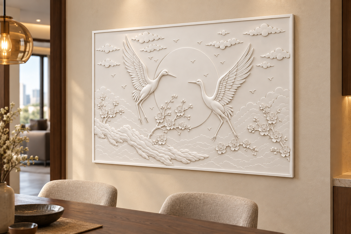Cranes Across the Celestial Disc Corian wall panel, 4 x 2.5 ft, right view in dining alcove, 12–24 mm total depth