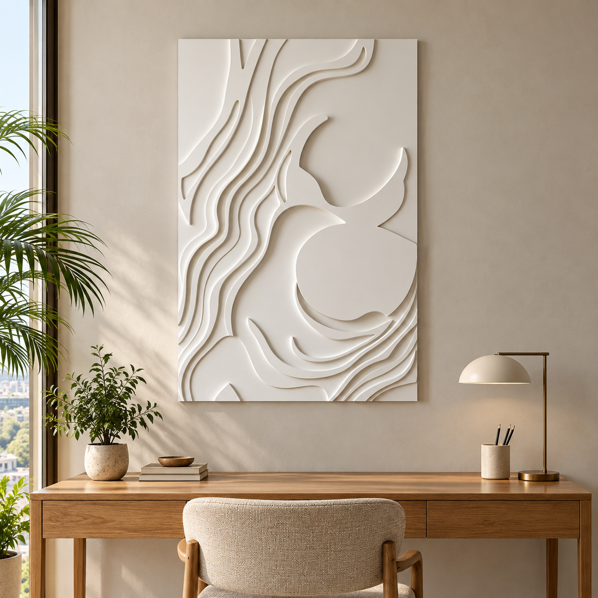 Crescent Current Abstract Corian wall panel, front view on a home office feature wall in a Mumbai home; AI-assisted concept visualisation
