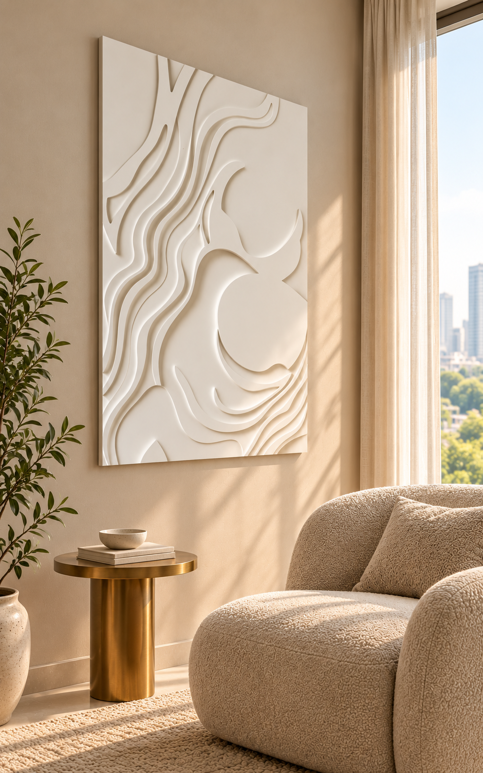 Crescent Current Abstract Corian wall panel, left view on a living room reading corner in a Mumbai home; AI-assisted concept visualisation