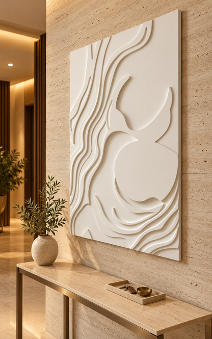 Crescent Current Abstract Corian wall panel, right view on an entrance reception wall in a Mumbai home; AI-assisted concept visualisation