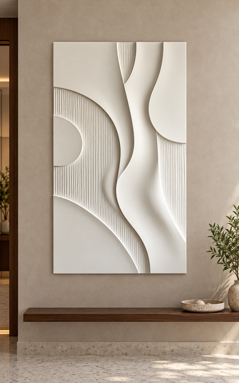 Front view of Crescent Flow Fluted Corian Wall Panel. Contemporary entrance above floating shelf. AI-assisted white Corian concept.