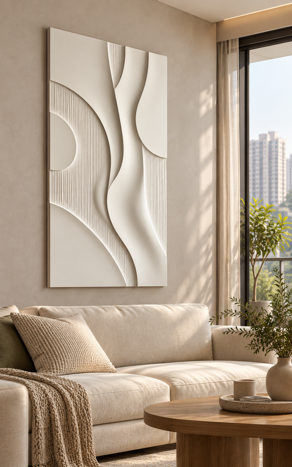 Left-angle view of Crescent Flow Fluted Corian Wall Panel. High-rise lounge above cream sofa. AI-assisted white Corian concept.