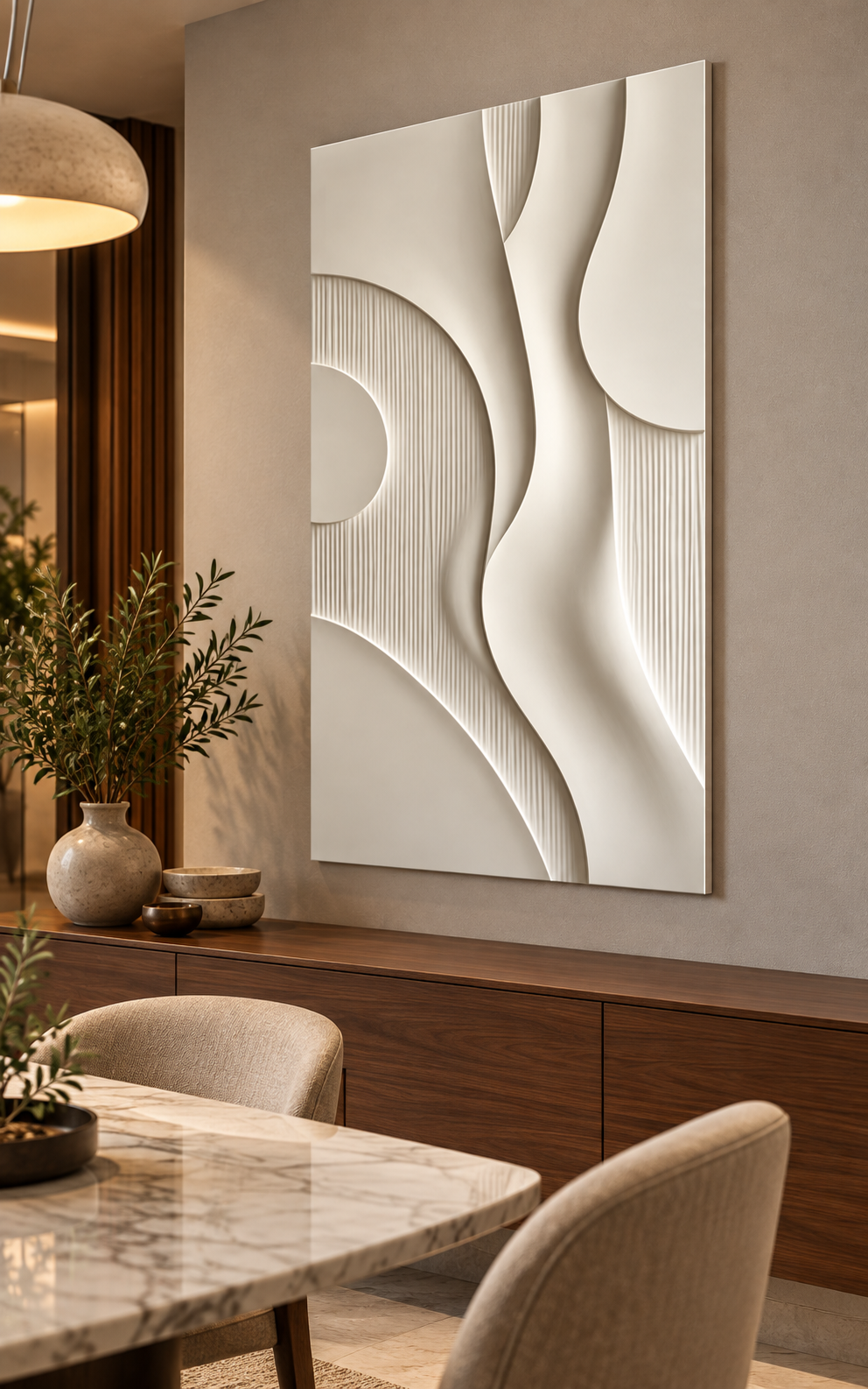 Right-angle view of Crescent Flow Fluted Corian Wall Panel. Dining room above timber sideboard. AI-assisted white Corian concept.