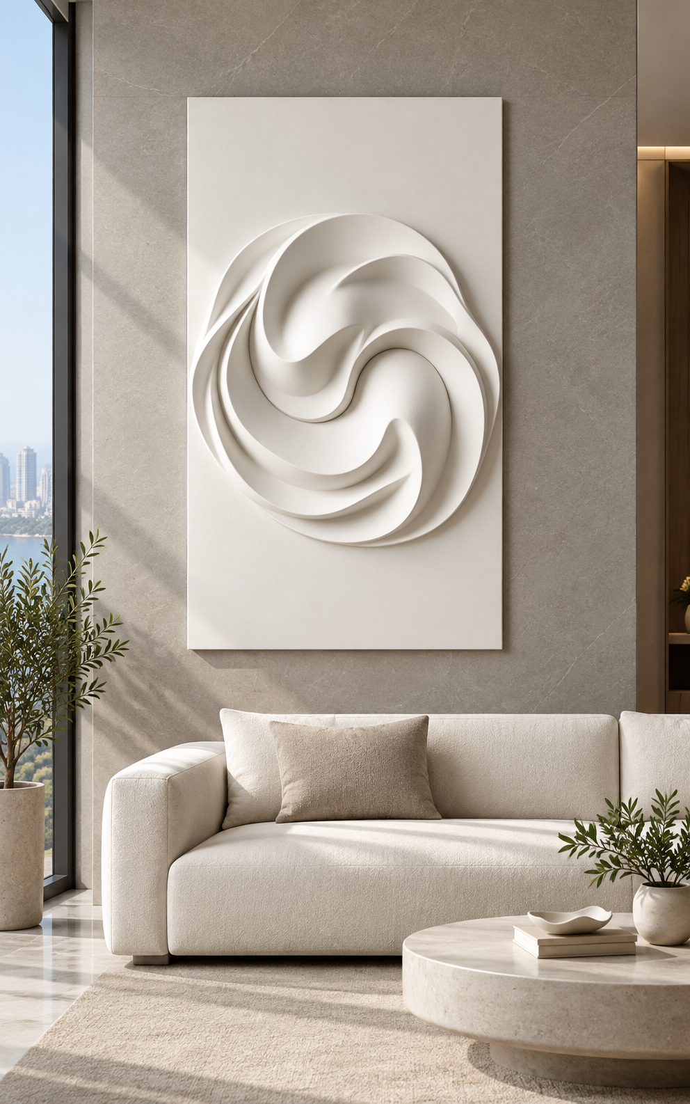 Crescent Vortex Layers Corian wall panel front view in stone-grey Mumbai living room with a low cream sofa