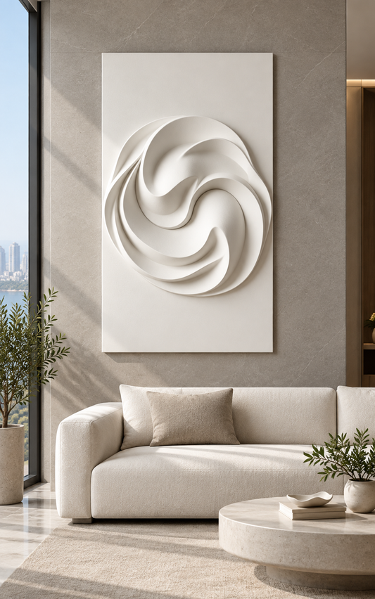 Crescent Vortex Layers Corian wall panel front view in stone-grey Mumbai living room with a low cream sofa