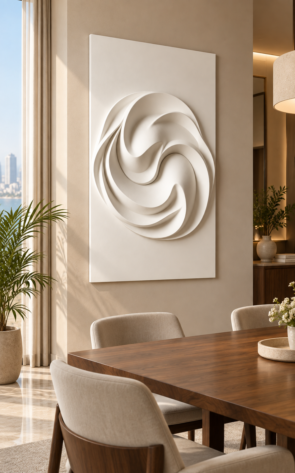 Crescent Vortex Layers Corian wall panel left view in warm beige Mumbai dining space with a walnut dining table