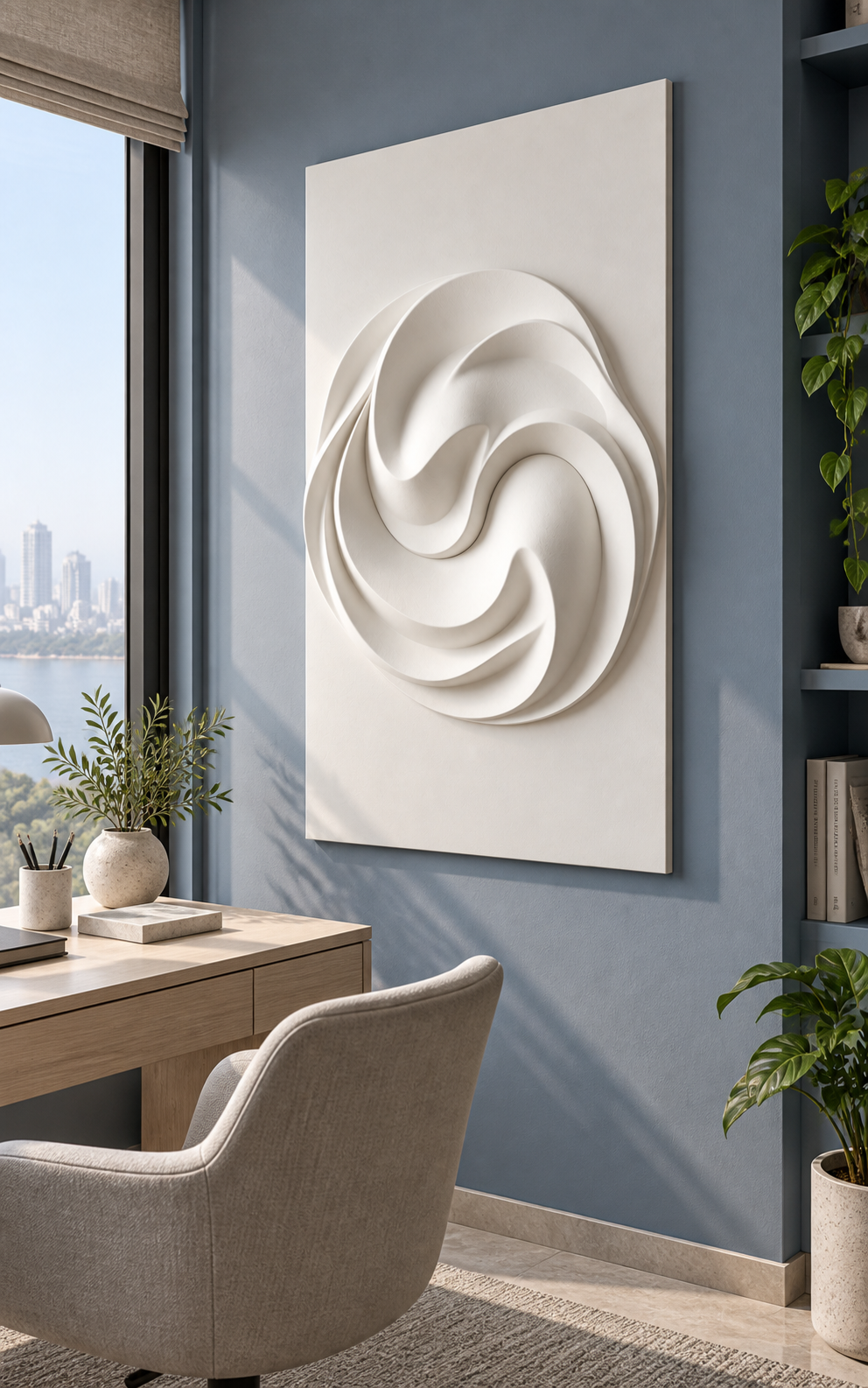 Crescent Vortex Layers Corian wall panel right view in muted blue Mumbai study corner with a pale oak desk