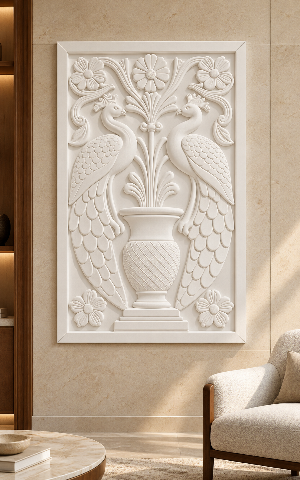 Crested Bird Garden Urn Corian wall panel, front view on a formal living room accent wall in a Mumbai home; AI-assisted concept visualisation
