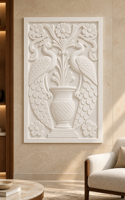 Crested Bird Garden Urn Corian wall panel, front view on a formal living room accent wall in a Mumbai home; AI-assisted concept visualisation