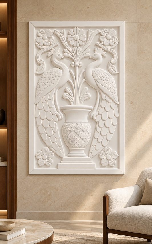 Crested Bird Garden Urn Corian wall panel, front view on a formal living room accent wall in a Mumbai home; AI-assisted concept visualisation
