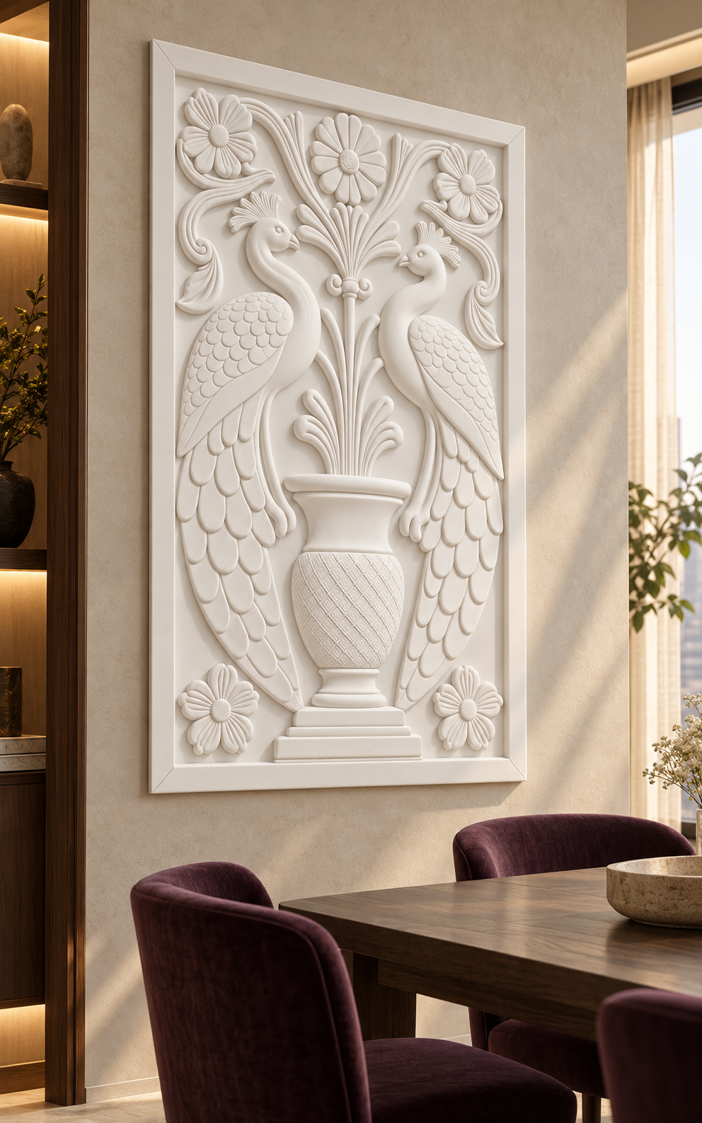 Crested Bird Garden Urn Corian wall panel, left view on a dining room feature wall in a Mumbai home; AI-assisted concept visualisation