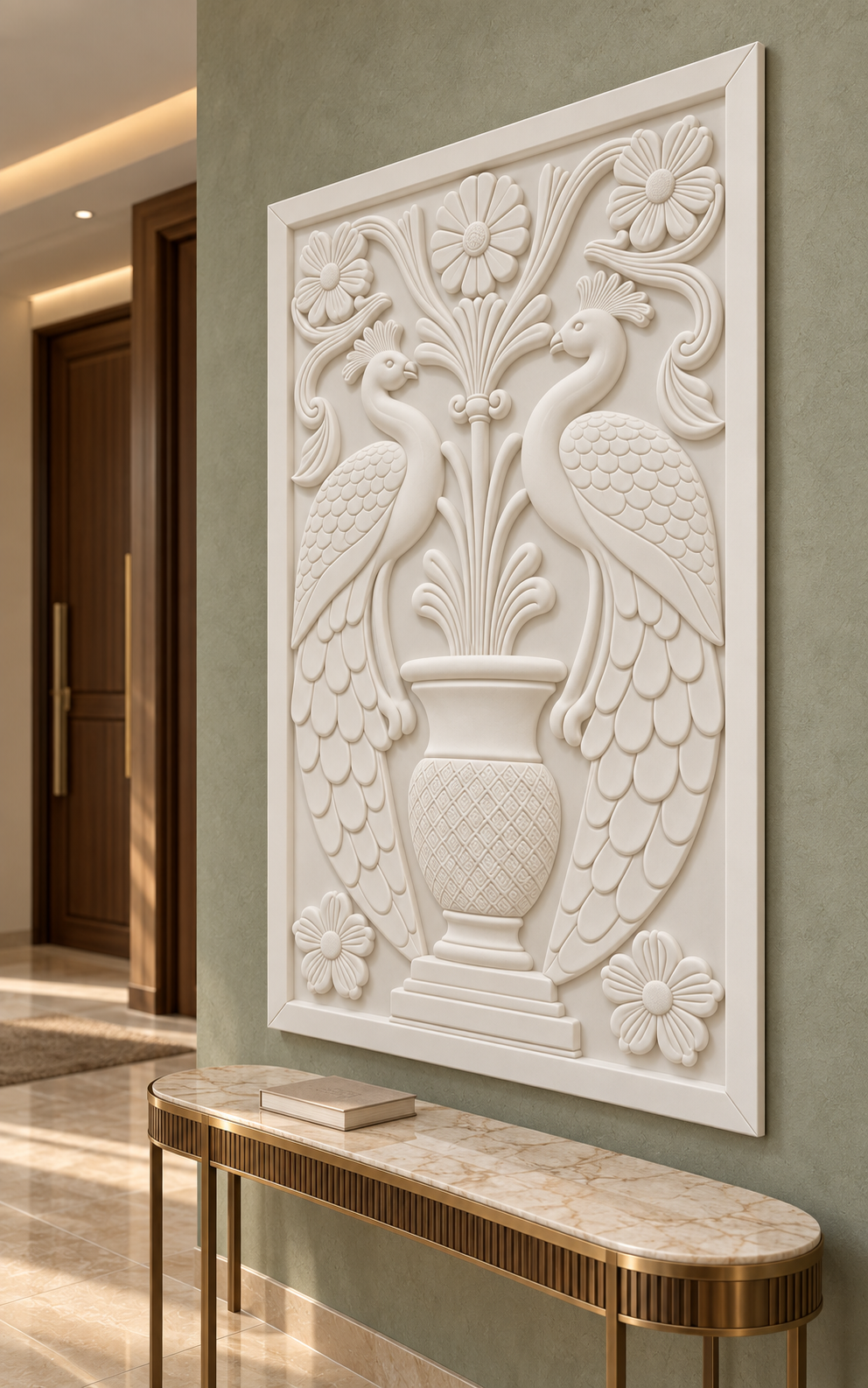 Crested Bird Garden Urn Corian wall panel, right view on an entrance reception wall in a Mumbai home; AI-assisted concept visualisation