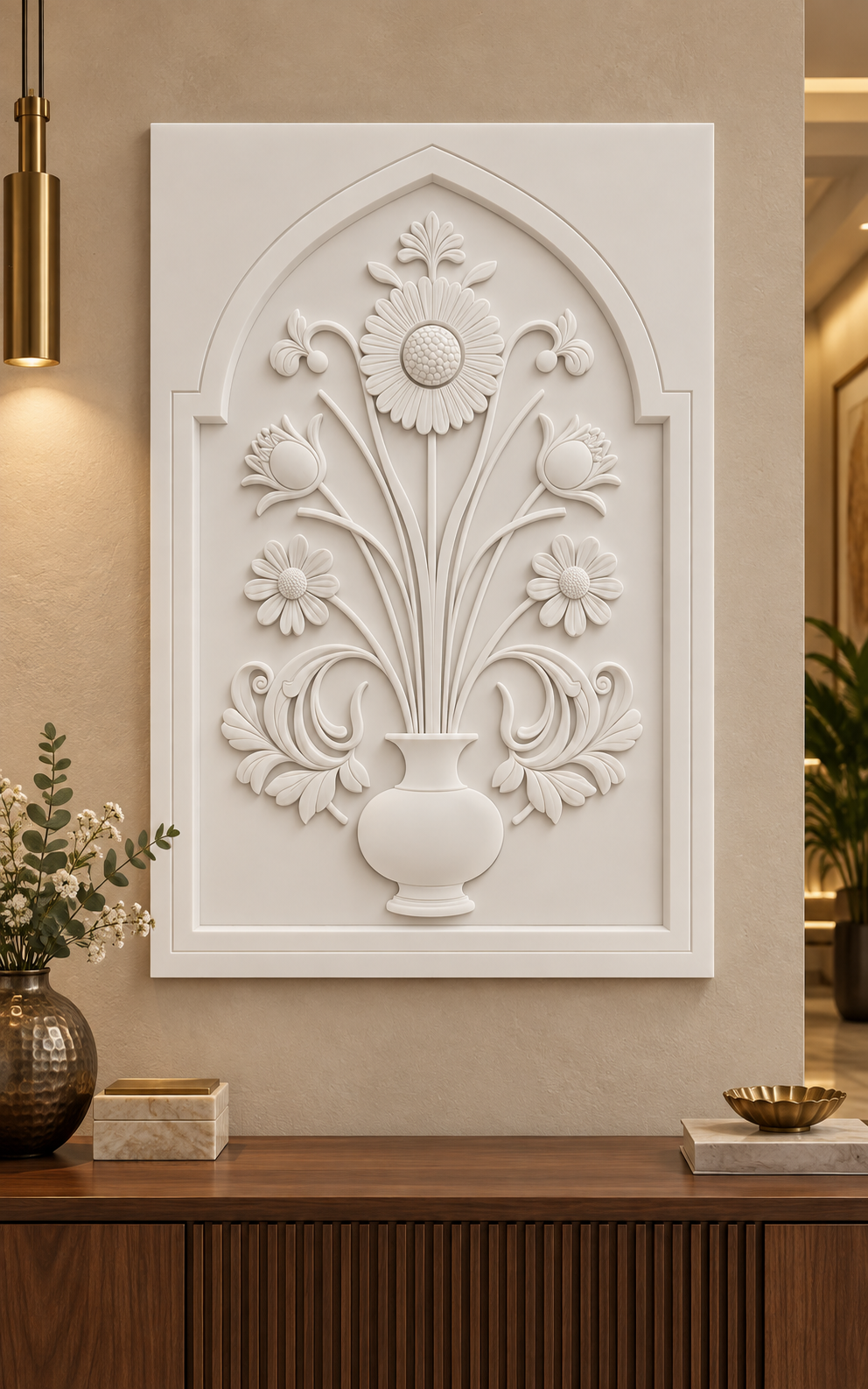 Crested Daisy Bud Vase Corian wall panel, front view in a refined Mumbai apartment foyer with a walnut console and brass lighting; AI-assisted concept visualisation