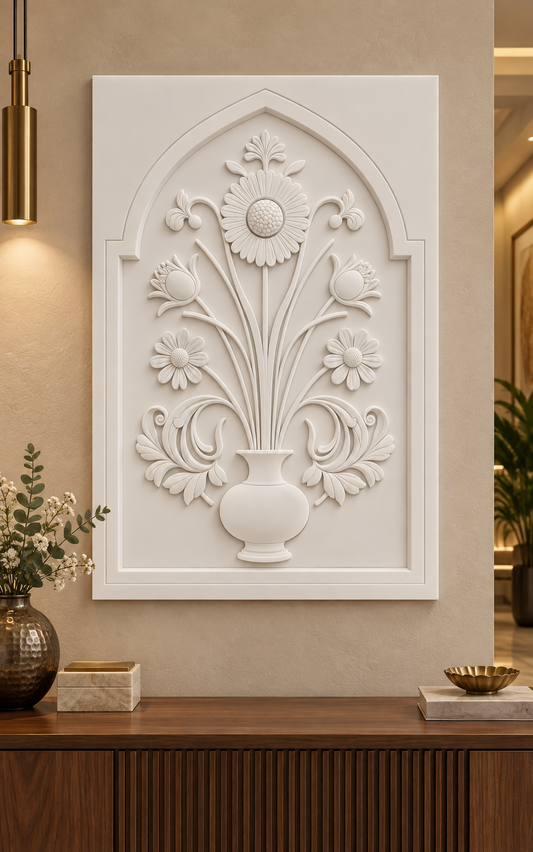 Crested Daisy Bud Vase Corian wall panel, front view in a refined Mumbai apartment foyer with a walnut console and brass lighting; AI-assisted concept visualisation