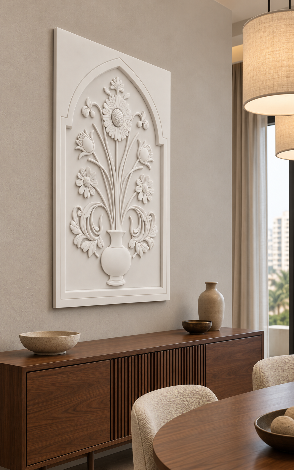 Crested Daisy Bud Vase Corian wall panel, left view in a Mumbai dining nook with a dark walnut sideboard, oval table and linen pendants; AI-assisted concept visualisation
