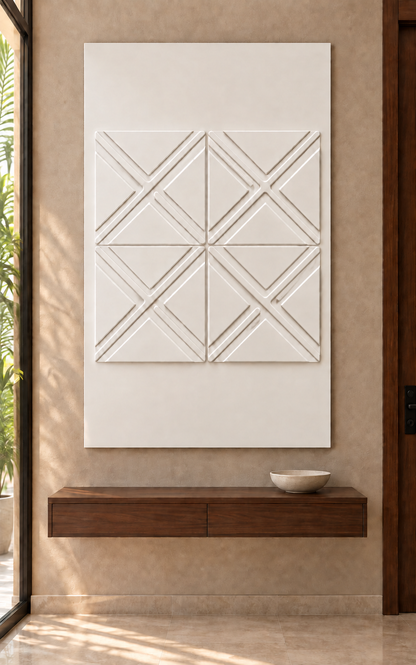 Crossed Diamond Quartet Corian wall panel, front view in a Juhu apartment entrance foyer