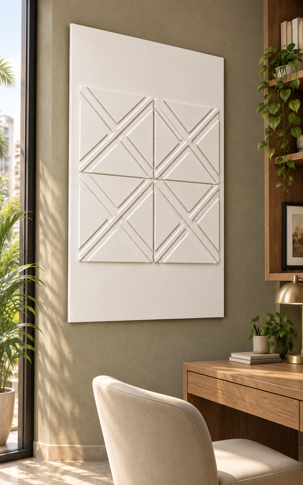 Crossed Diamond Quartet Corian wall panel, left view in a Chembur apartment home office