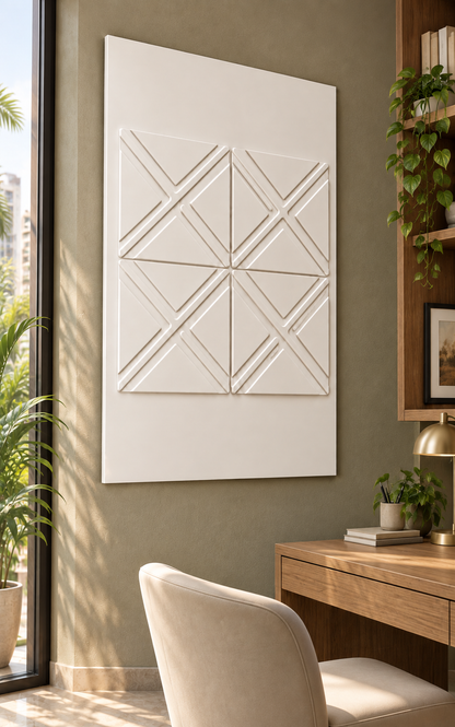 Crossed Diamond Quartet Corian wall panel, left view in a Chembur apartment home office