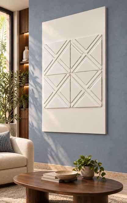 Crossed Diamond Quartet Corian wall panel, right view in a Santacruz apartment family lounge