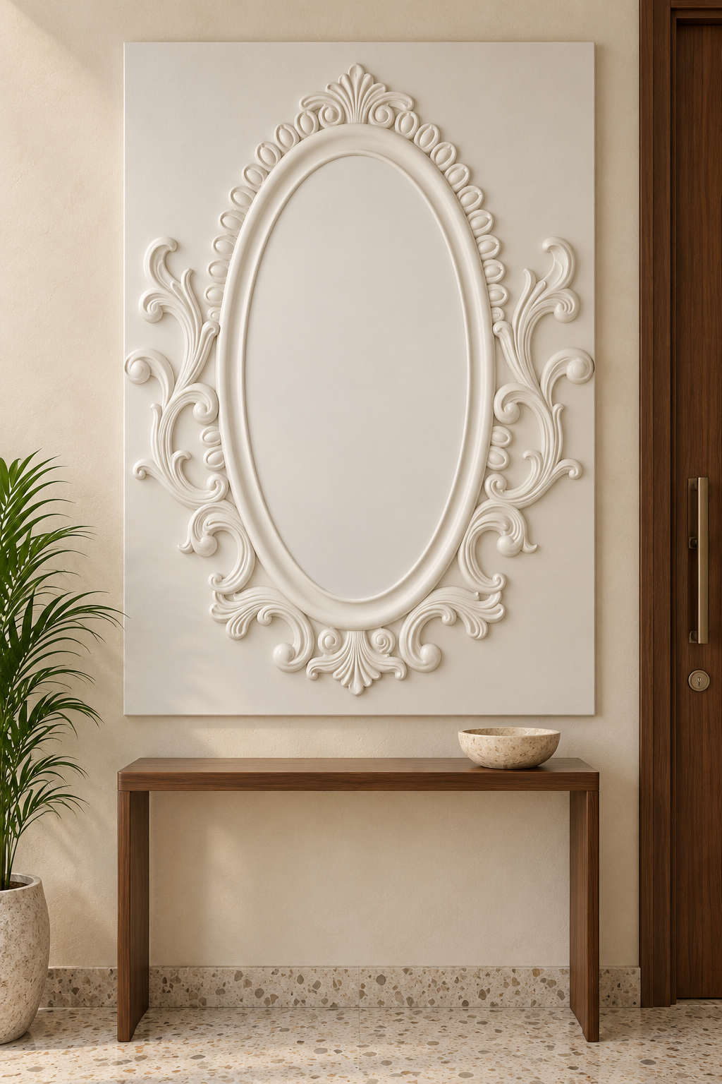 Front view of the white Crowned Oval Acanthus Corian Wall Panel with a solid inset centre in a compact luxury Mumbai apartment foyer