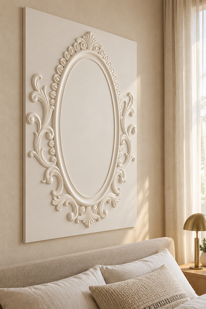 Left-angle view of the white Crowned Oval Acanthus Corian Wall Panel with a solid inset centre in a compact luxury Mumbai apartment bedroom