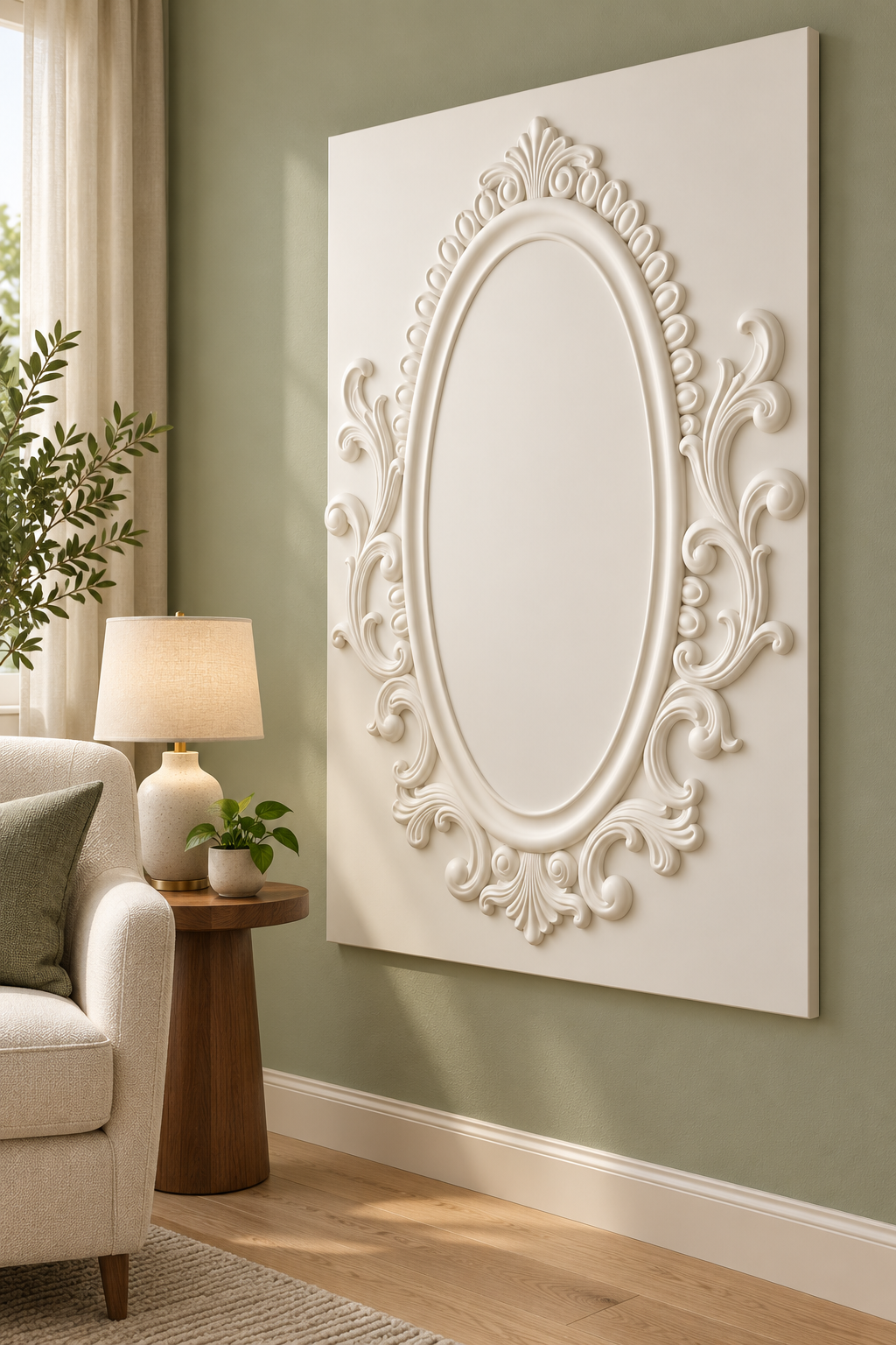 Right-angle view of the white Crowned Oval Acanthus Corian Wall Panel with a solid inset centre in a compact luxury Mumbai apartment sitting area