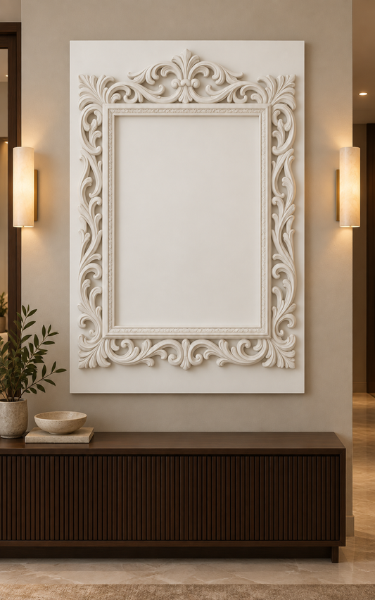 Crowned Scroll Border Corian Wall Panel, front view in a Juhu apartment foyer, showing the complete shallow relief.