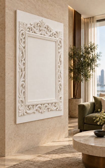 Crowned Scroll Border Corian Wall Panel, left view in a Worli formal lounge, showing the complete shallow relief.