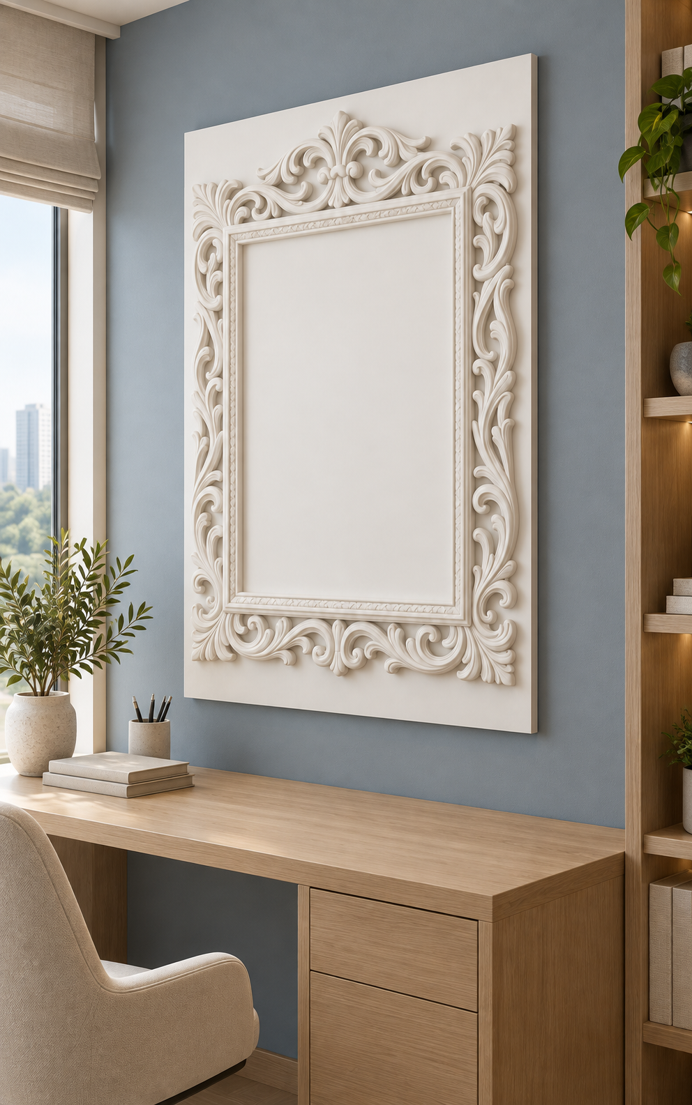 Crowned Scroll Border Corian Wall Panel, right view in a Powai home study, showing the complete shallow relief.