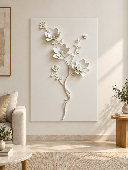 CWP-664 Cup Blossom Twin Stem Corian Wall Panel, 2.5 ft wide x 4 ft high, front view in a Mumbai living room; AI-assisted concept visualisation