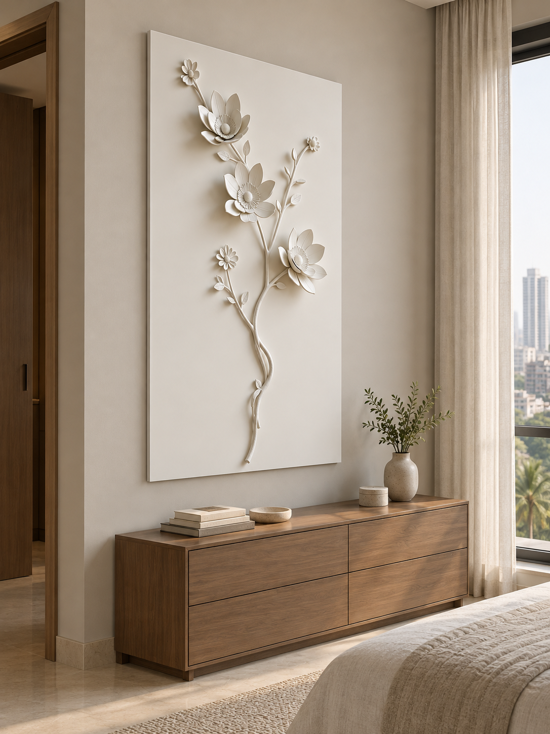 CWP-664 Cup Blossom Twin Stem Corian Wall Panel, 2.5 ft wide x 4 ft high, left view in a Mumbai bedroom; AI-assisted concept visualisation