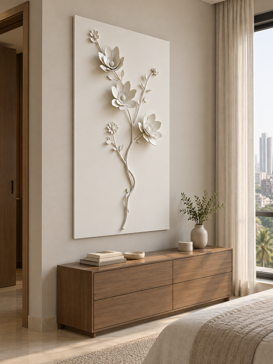 CWP-664 Cup Blossom Twin Stem Corian Wall Panel, 2.5 ft wide x 4 ft high, left view in a Mumbai bedroom; AI-assisted concept visualisation
