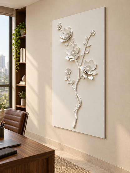 CWP-664 Cup Blossom Twin Stem Corian Wall Panel, 2.5 ft wide x 4 ft high, right view in a Mumbai home office; AI-assisted concept visualisation