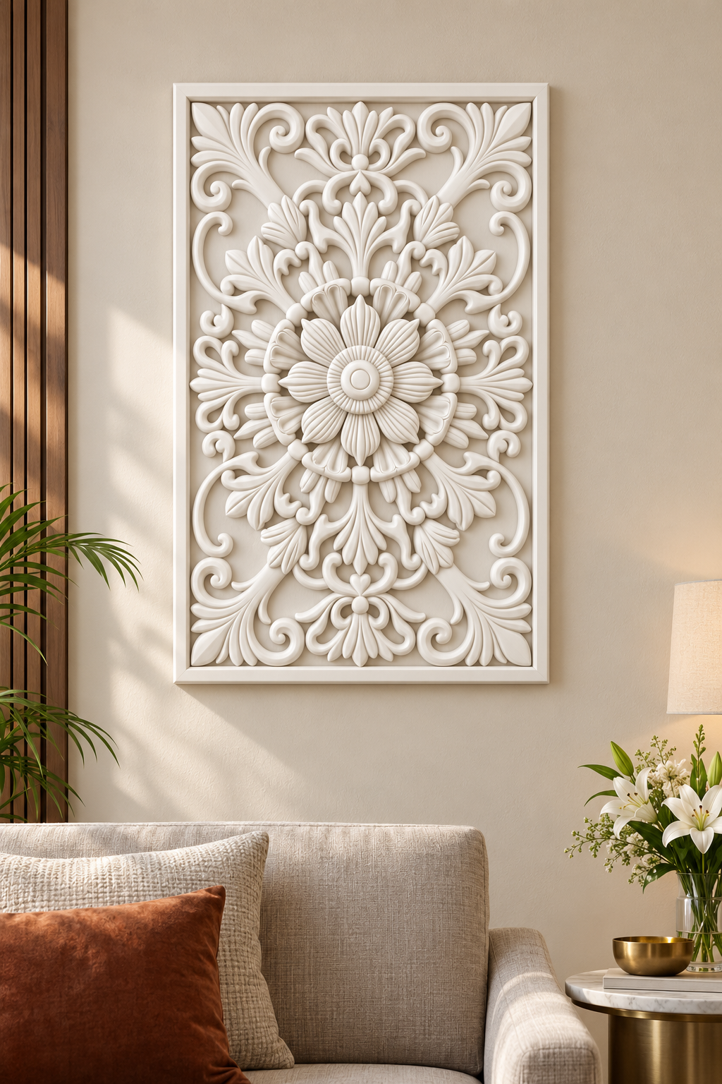 Cupped Daisy Leaf Crest Corian wall panel, front view on a living room sitting area wall in a Mumbai home; AI-assisted concept visualisation