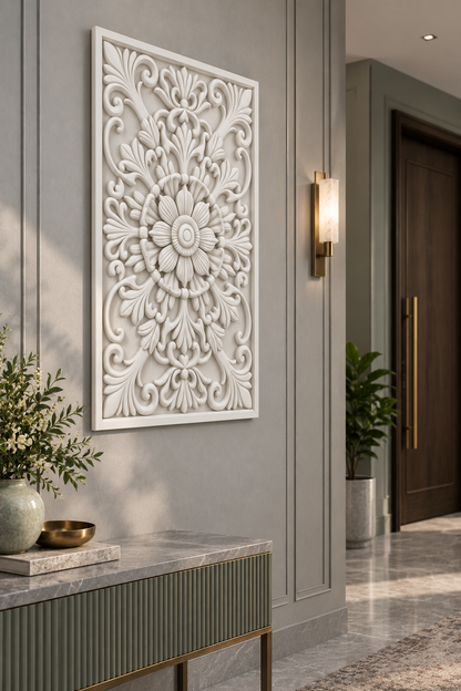 Cupped Daisy Leaf Crest Corian wall panel, left view on an entrance reception wall in a Mumbai home; AI-assisted concept visualisation