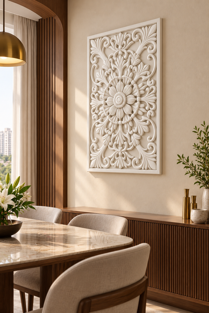 Cupped Daisy Leaf Crest Corian wall panel, right view on a dining room feature wall in a Mumbai home; AI-assisted concept visualisation