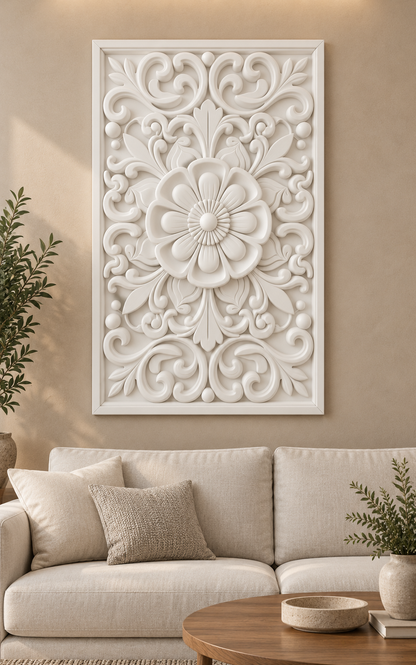 Cupped Petal Leaf Bouquet Corian wall panel, front view on a living room sofa wall in a Mumbai home; AI-assisted concept visualisation