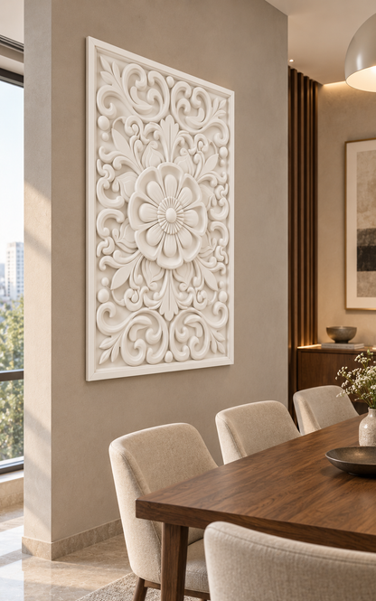 Cupped Petal Leaf Bouquet Corian wall panel, left view on a formal dining room wall in a Mumbai home; AI-assisted concept visualisation