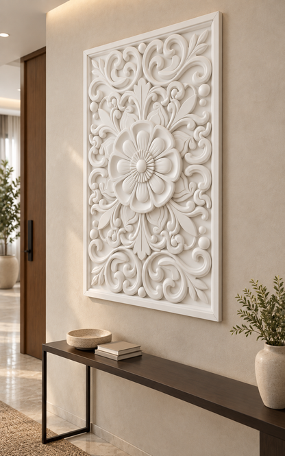 Cupped Petal Leaf Bouquet Corian wall panel, right view on an entrance reception wall in a Mumbai home; AI-assisted concept visualisation