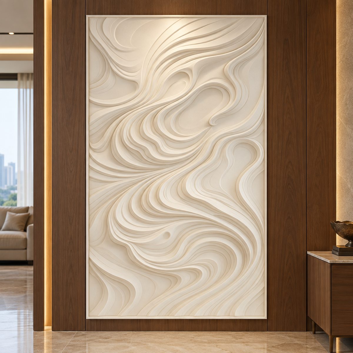 Curling Current Rise Corian wall panel, 2.5 x 4 ft, front view in a Walnut living-room console wall