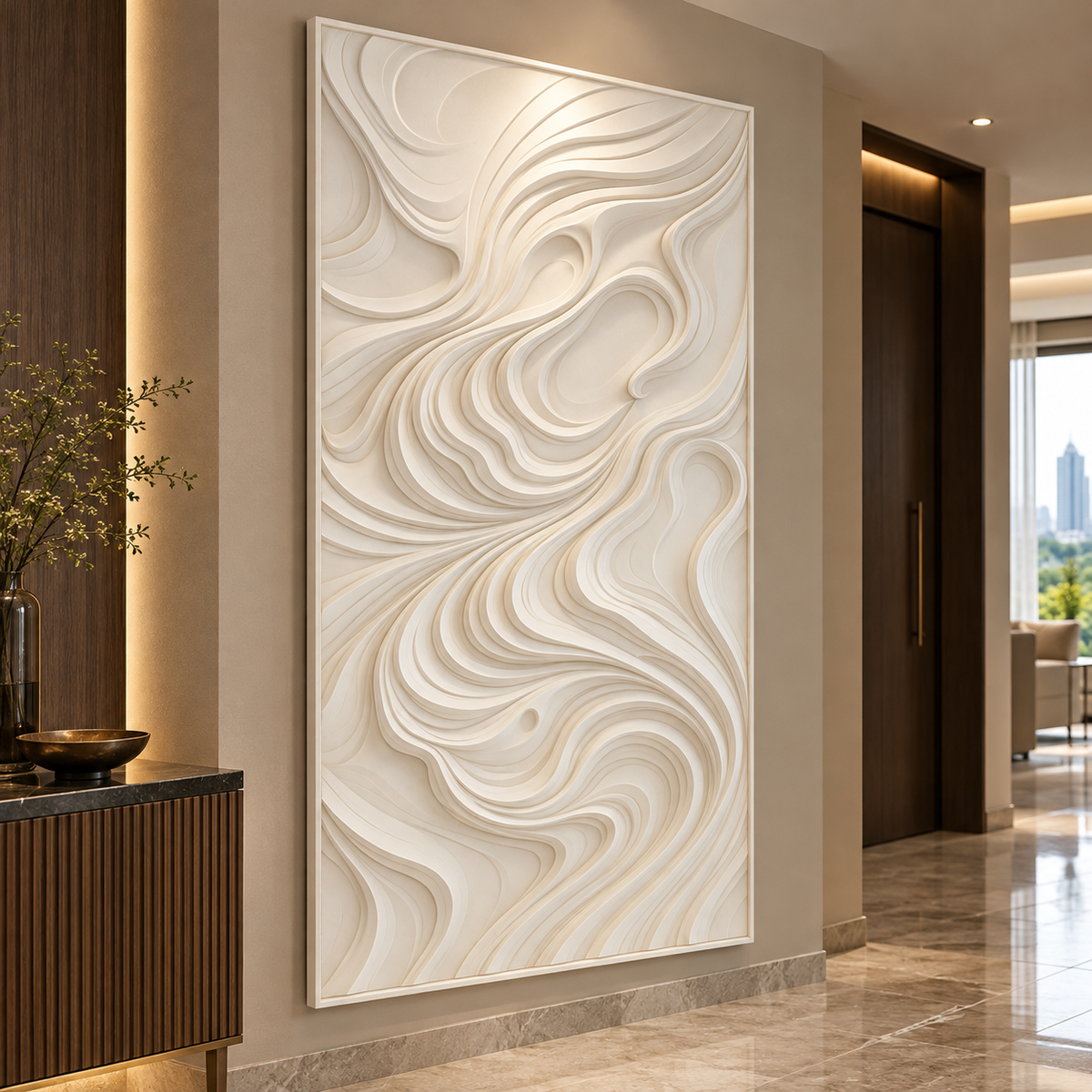 Curling Current Rise Corian wall panel, 2.5 x 4 ft, left view in a Greige apartment entrance foyer