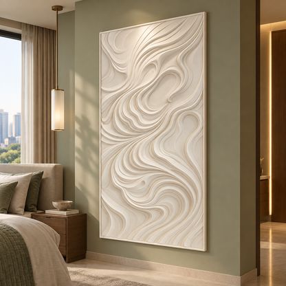Curling Current Rise Corian wall panel, 2.5 x 4 ft, right view in a Soft sage bedroom feature wall