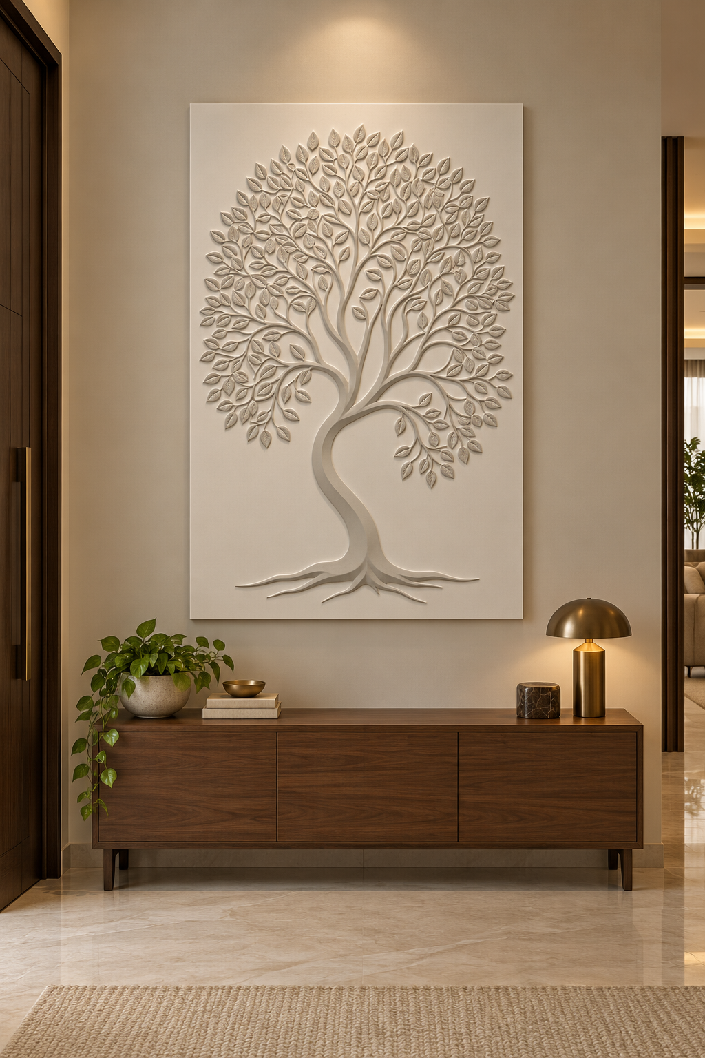 CWP-663 Curved Trunk Leaf Canopy Corian Wall Panel, 2.5 ft wide x 4 ft high, front view in a Mumbai entry foyer; AI-assisted concept visualisation
