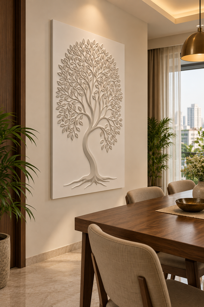 CWP-663 Curved Trunk Leaf Canopy Corian Wall Panel, 2.5 ft wide x 4 ft high, left view in a Mumbai dining area; AI-assisted concept visualisation