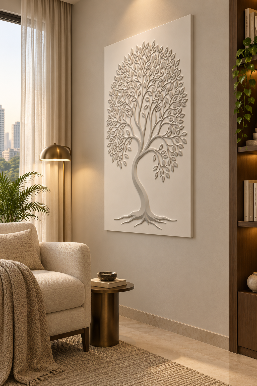 CWP-663 Curved Trunk Leaf Canopy Corian Wall Panel, 2.5 ft wide x 4 ft high, right view in a Mumbai reading room; AI-assisted concept visualisation