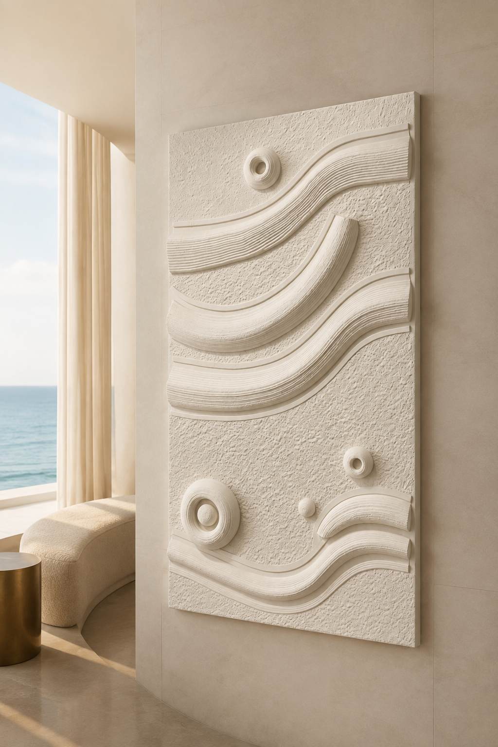 Orbit Tide Relief satin white Corian wall panel, left view in a Juhu sea-view lounge passage