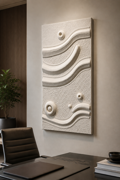 Orbit Tide Relief satin white Corian wall panel, right view in a sophisticated BKC home office